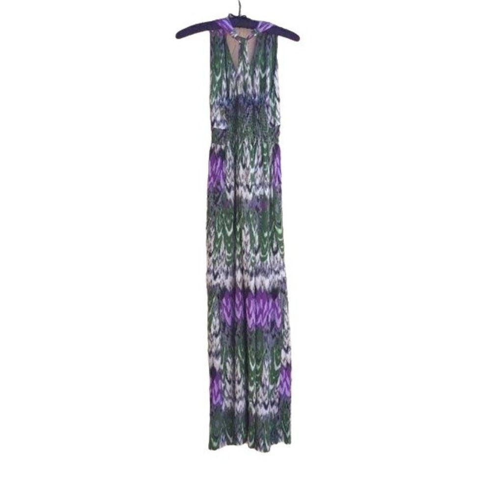 Neesha Maxi Dress Sleeveless Smocked Racerback Tie-dye Striped Ikat Green Sz M - Picture 4 of 8